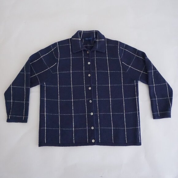 Karen Scott Navy Windowpane Cardigan Sweater Wool Classic A Preppy Cabincore 1X - Picture 1 of 12
